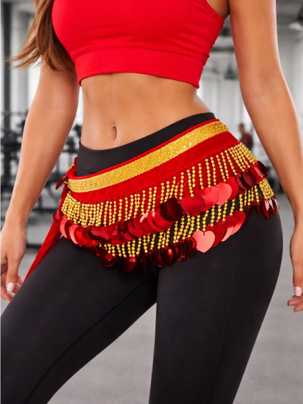 Bellydance hip wrap with Hearts Coins Sequins and Gold Accents